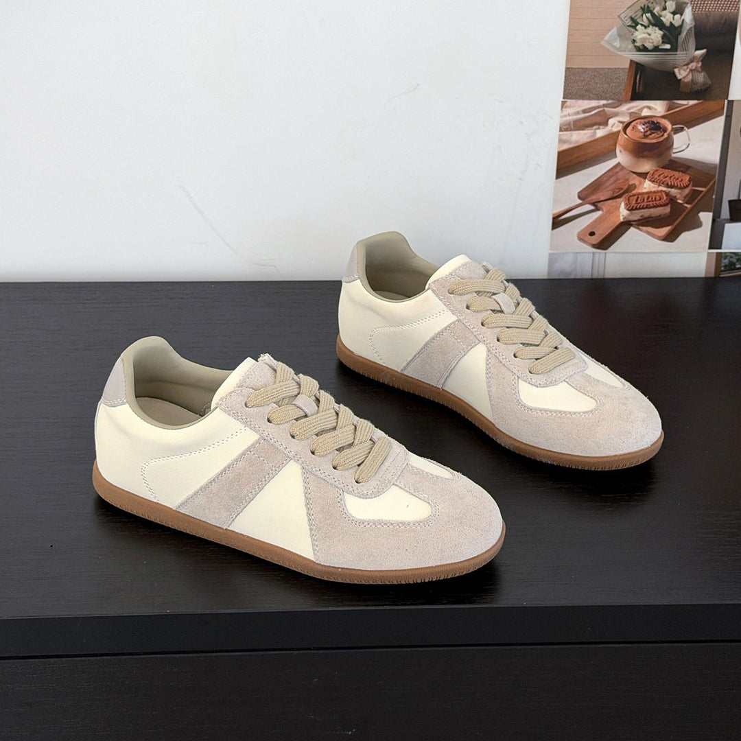 Women's Genuine Leather German Army Trainers Suede Patchwork Flat Sneakers Lace Up Casual Shoes
