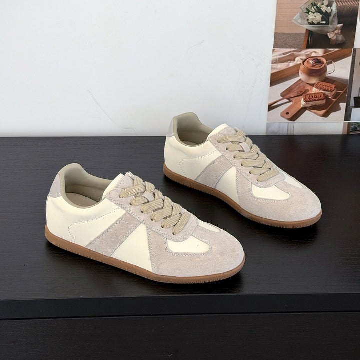 Women's Genuine Leather German Army Trainers Suede Patchwork Flat Sneakers Lace Up Casual Shoes