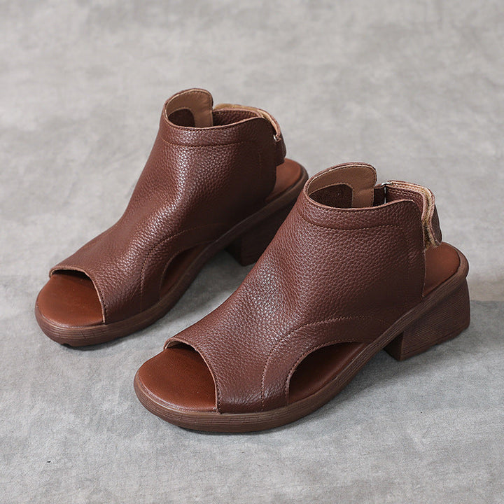 Women's Leather Block Heel Hollow Out Open Toe Sandals