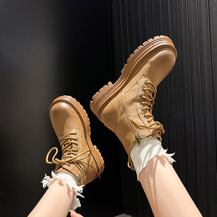 Women's Color Rubbing Design Lace-up Combat Boots With Thick Sole