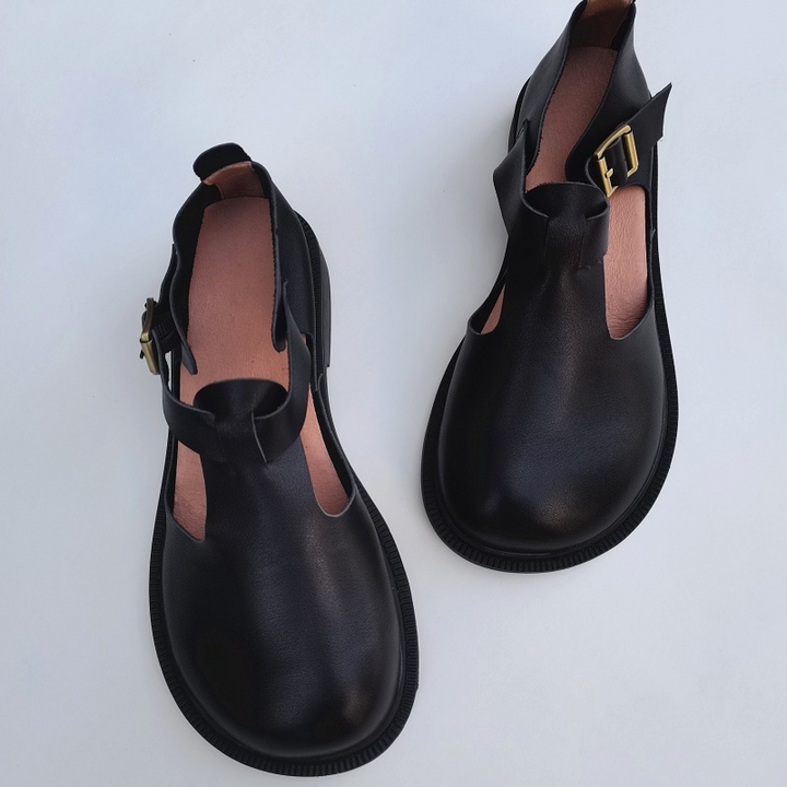 Women's Genuine Leather Retro Big Toe Box Both Sides Hollowed Out Buckle Sandals
