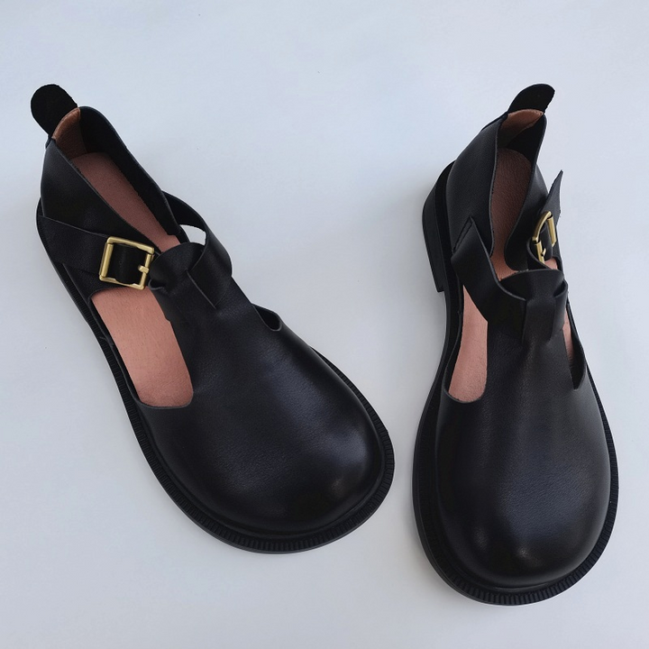 Women's Genuine Leather Retro Big Toe Box Both Sides Hollowed Out Buckle Sandals