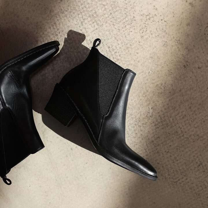 Women's Retro Cowhide Chelsea Boots Vintage Square Toe Slip-on Block High Heel Booties