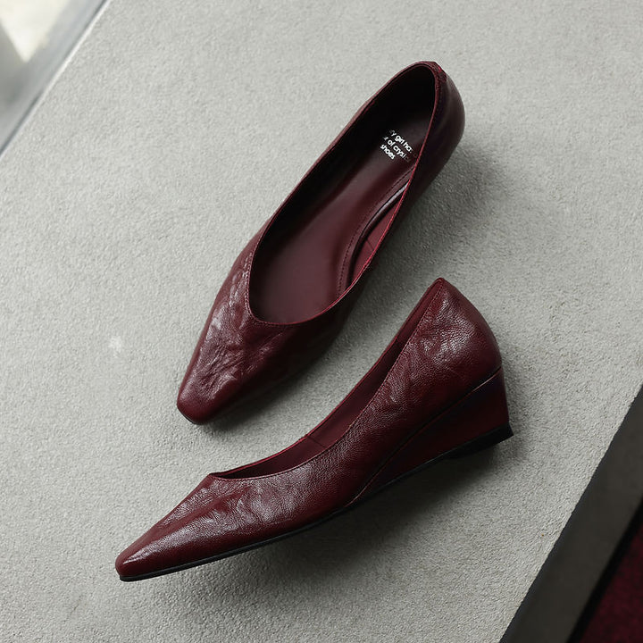 Women's Soft Sheepskin Low Wedge Pumps Square Toe Slip-on Comfort Dress Shoes