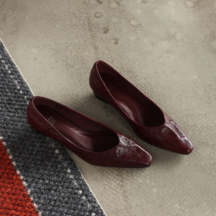 Women's Soft Sheepskin Low Wedge Pumps Square Toe Slip-on Comfort Dress Shoes
