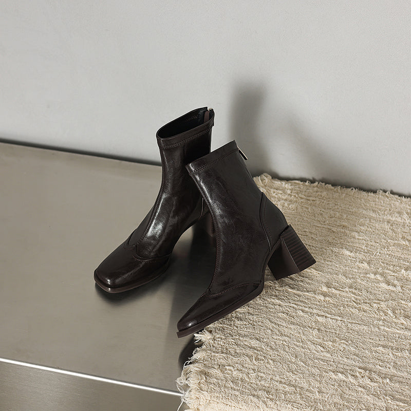 Women’s Square Toe Block Heel Ankle Boots – Stylish Back Zip Design