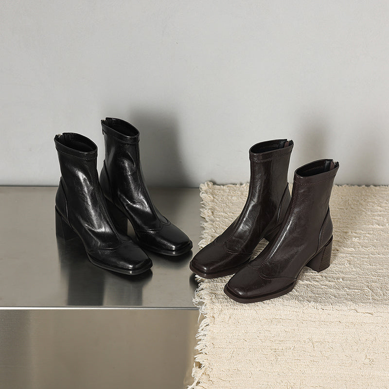 Women’s Square Toe Block Heel Ankle Boots – Stylish Back Zip Design