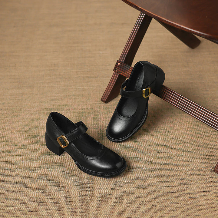 Women's Vintage 1960s Style Strap Pumps - Leather Elegant Round Toe Block Heels