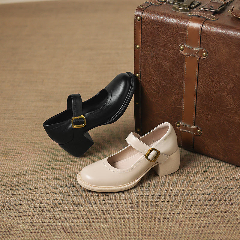 Women's Vintage 1960s Style Strap Pumps - Leather Elegant Round Toe Block Heels