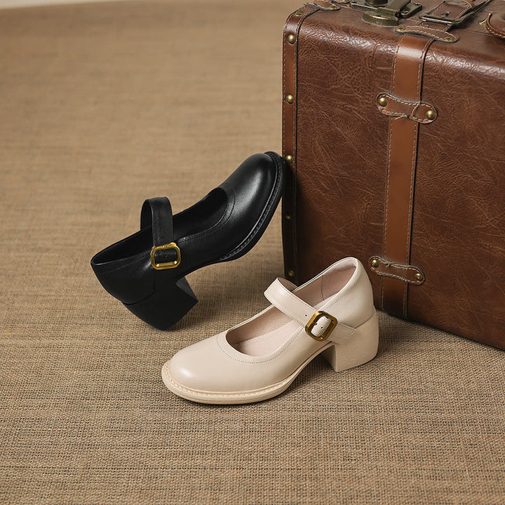 Women's Vintage 1960s Style Strap Pumps - Leather Elegant Round Toe Block Heels