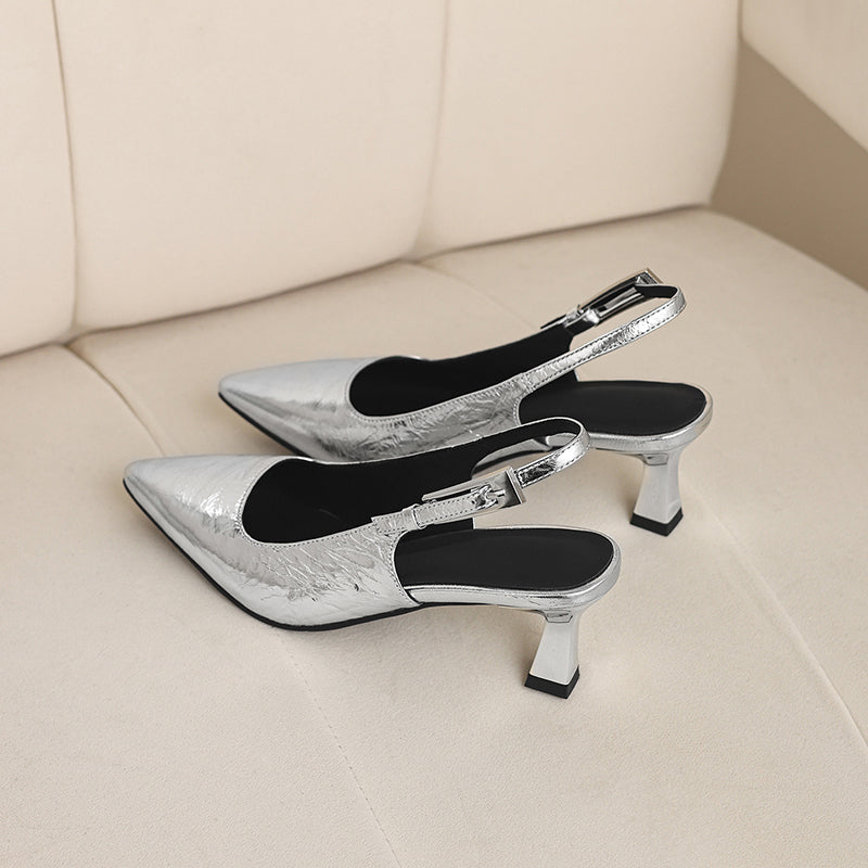 Handmade Metallic Leather Slingback Pumps - Women's Pointed Toe Kitten Heels