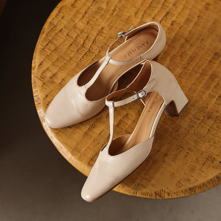 Women's Leather T-Strap Pumps - Vintage Washed Cowhide Closed Mid Block Heel Sandals d'Orsay Shoes with Buckle Strap