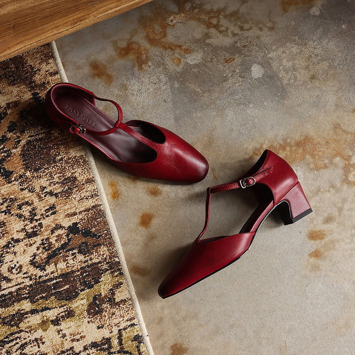 Women's Leather T-Strap Pumps - Vintage Washed Cowhide Closed Mid Block Heel Sandals d'Orsay Shoes with Buckle Strap