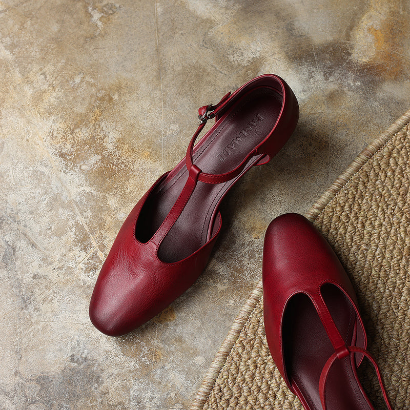 Women's Leather T-Strap Pumps - Vintage Washed Cowhide Closed Mid Block Heel Sandals d'Orsay Shoes with Buckle Strap