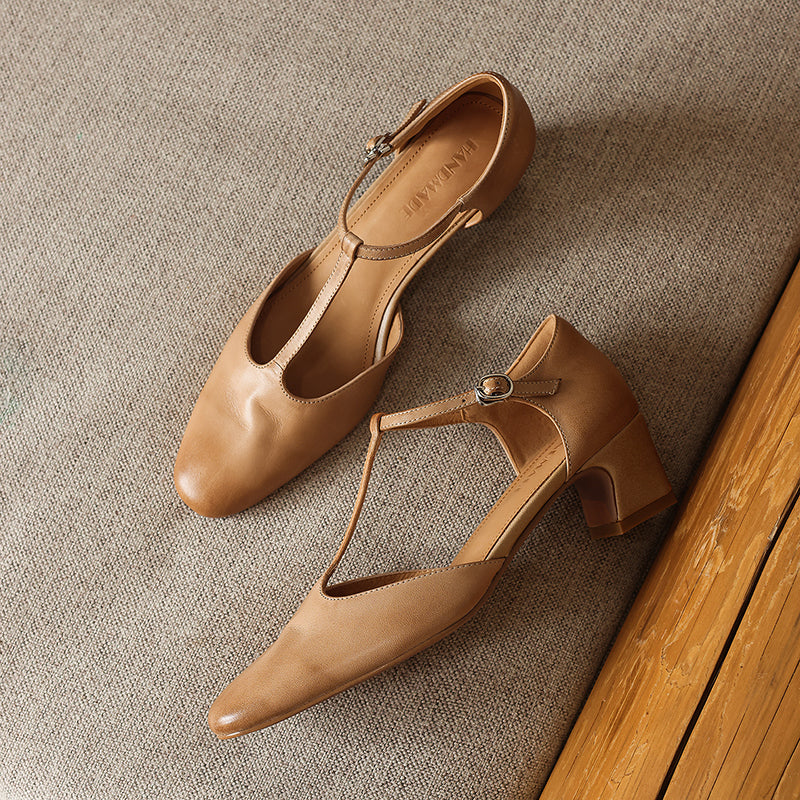 Women's Leather T-Strap Pumps - Vintage Washed Cowhide Closed Mid Block Heel Sandals d'Orsay Shoes with Buckle Strap