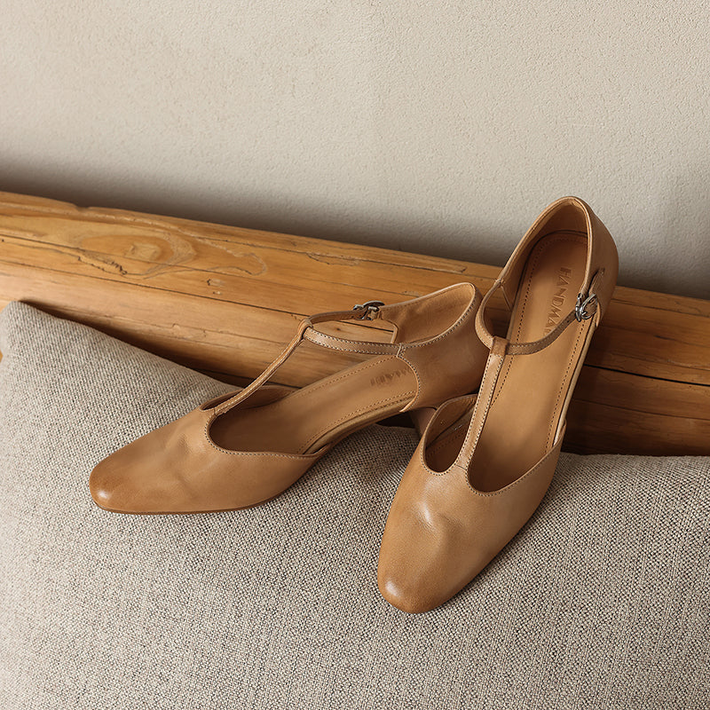 Women's Leather T-Strap Pumps - Vintage Washed Cowhide Closed Mid Block Heel Sandals d'Orsay Shoes with Buckle Strap