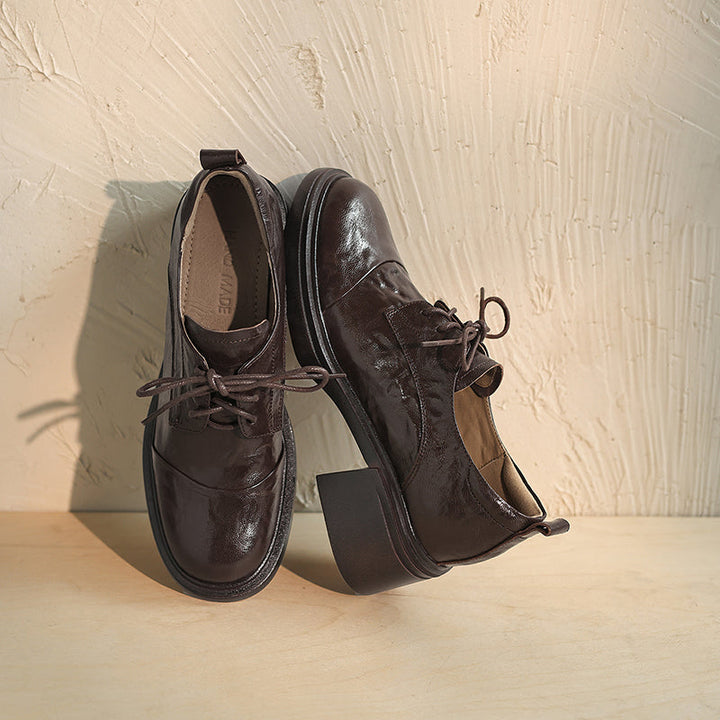 Women's Sheepskin Oxford Shoes - Sophisticated Round Toe Block Heels