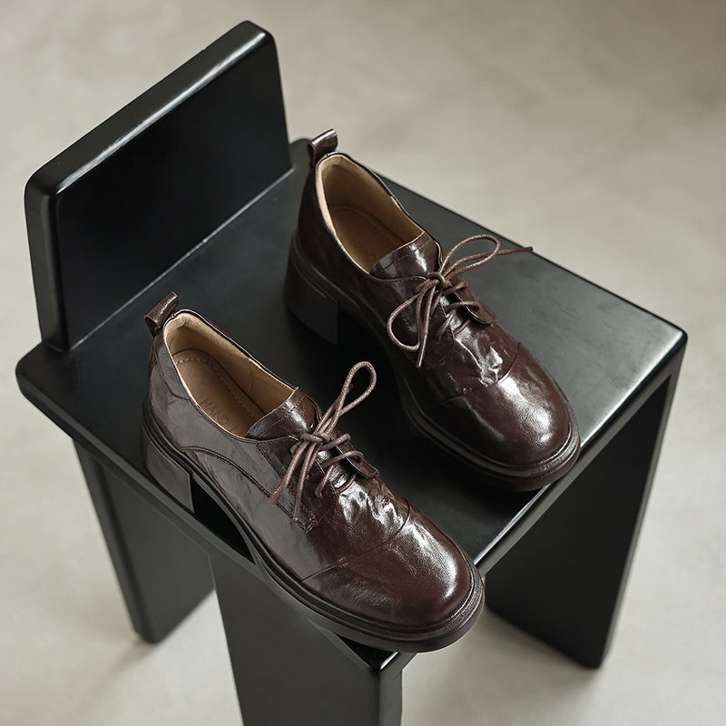 Women's Sheepskin Oxford Shoes - Sophisticated Round Toe Block Heels