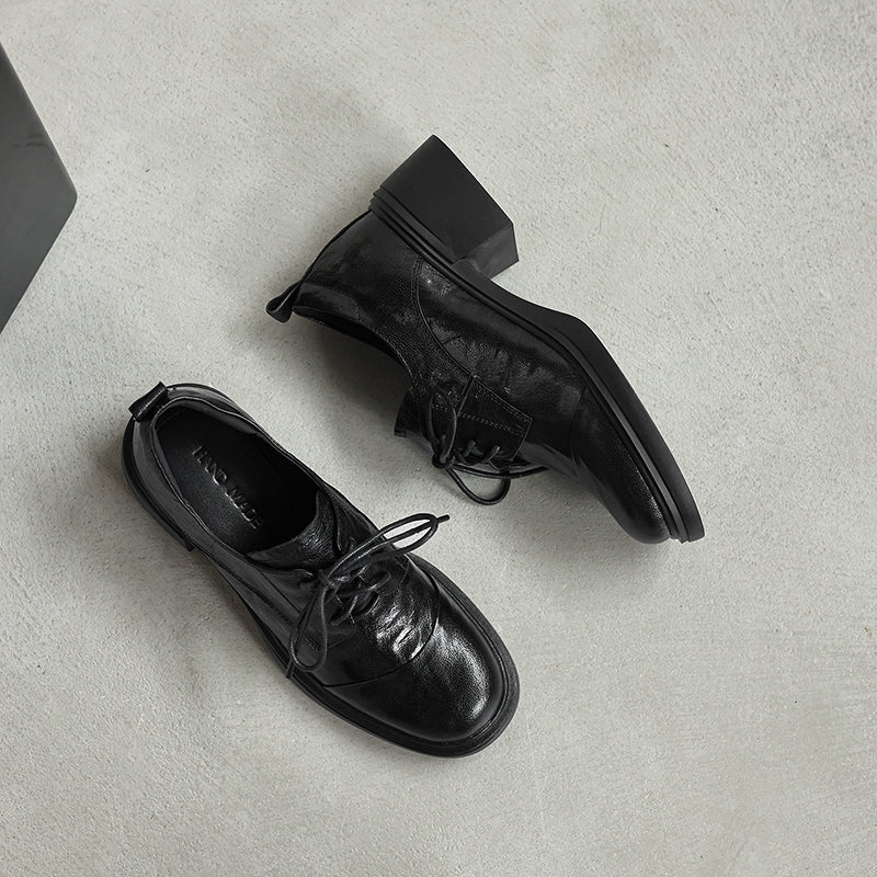 Women's Sheepskin Oxford Shoes - Sophisticated Round Toe Block Heels