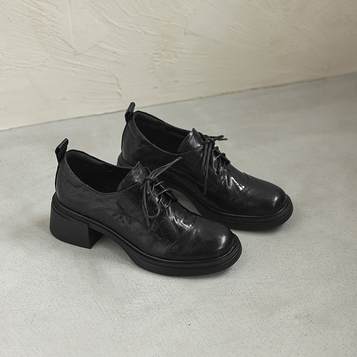 Women's Sheepskin Oxford Shoes - Sophisticated Round Toe Block Heels