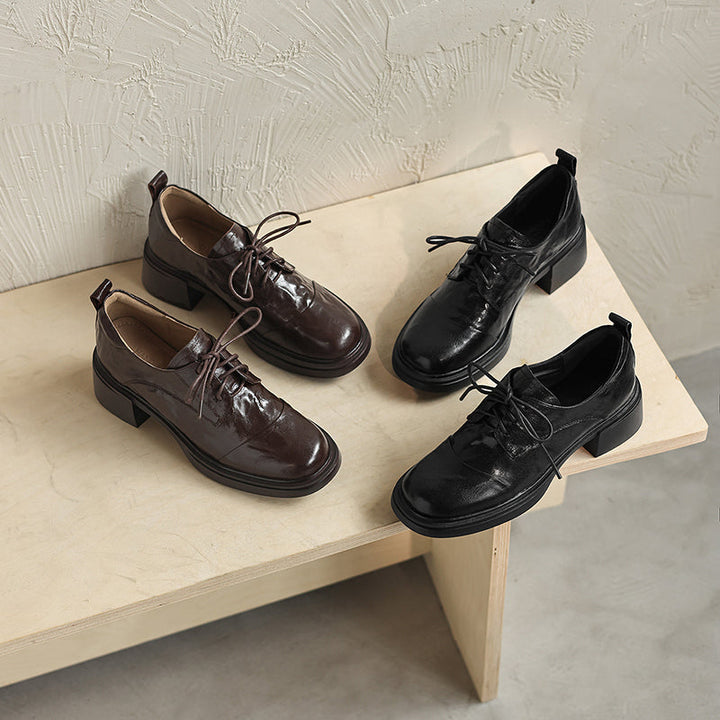 Women's Sheepskin Oxford Shoes - Sophisticated Round Toe Block Heels