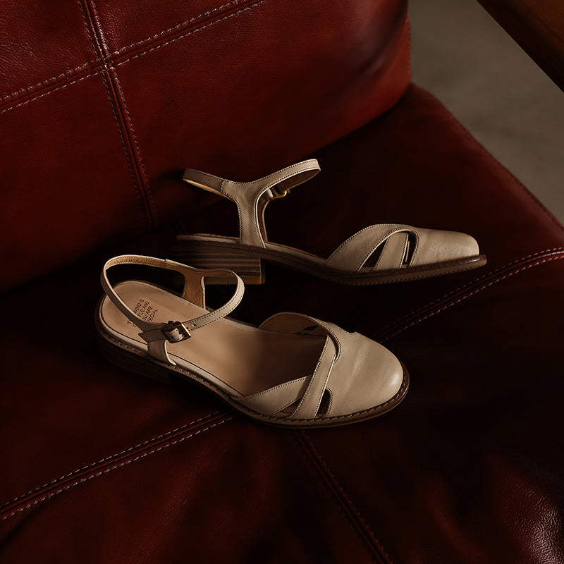 Women's Artisanal Round Toe Leather Sandals - Perforated Cowhide Summer Shoes