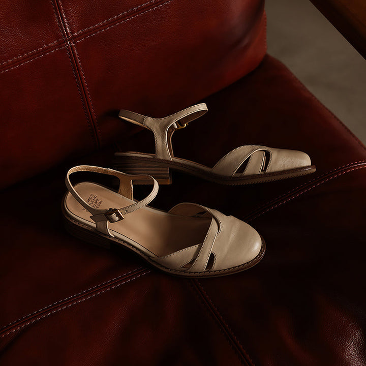 Women's Artisanal Round Toe Leather Sandals - Perforated Cowhide Summer Shoes