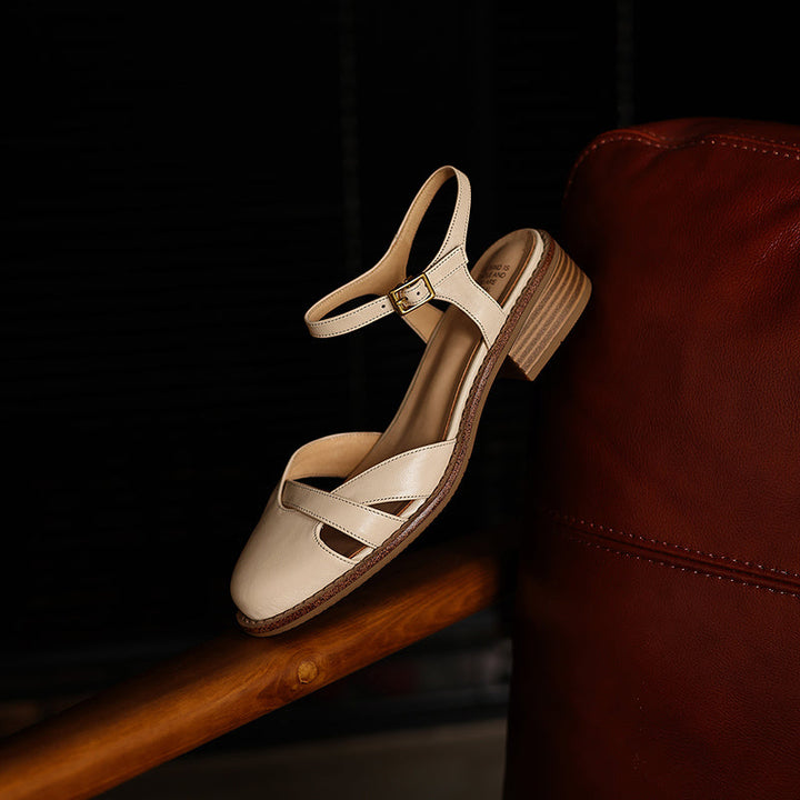 Women's Artisanal Round Toe Leather Sandals - Perforated Cowhide Summer Shoes