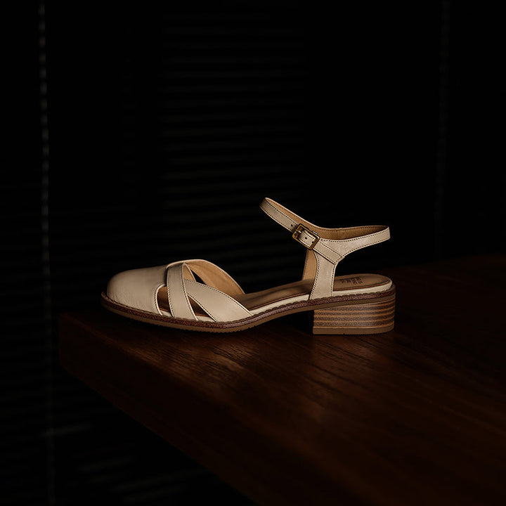 Women's Artisanal Round Toe Leather Sandals - Perforated Cowhide Summer Shoes