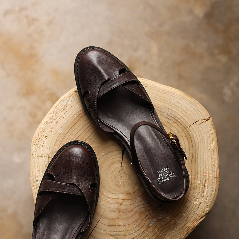 Women's Artisanal Round Toe Leather Sandals - Perforated Cowhide Summer Shoes