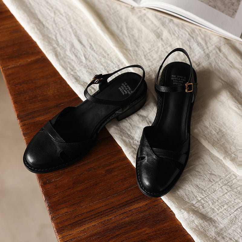 Women's Artisanal Round Toe Leather Sandals - Perforated Cowhide Summer Shoes