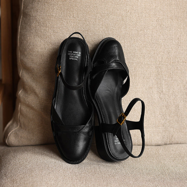 Women's Artisanal Round Toe Leather Sandals - Perforated Cowhide Summer Shoes