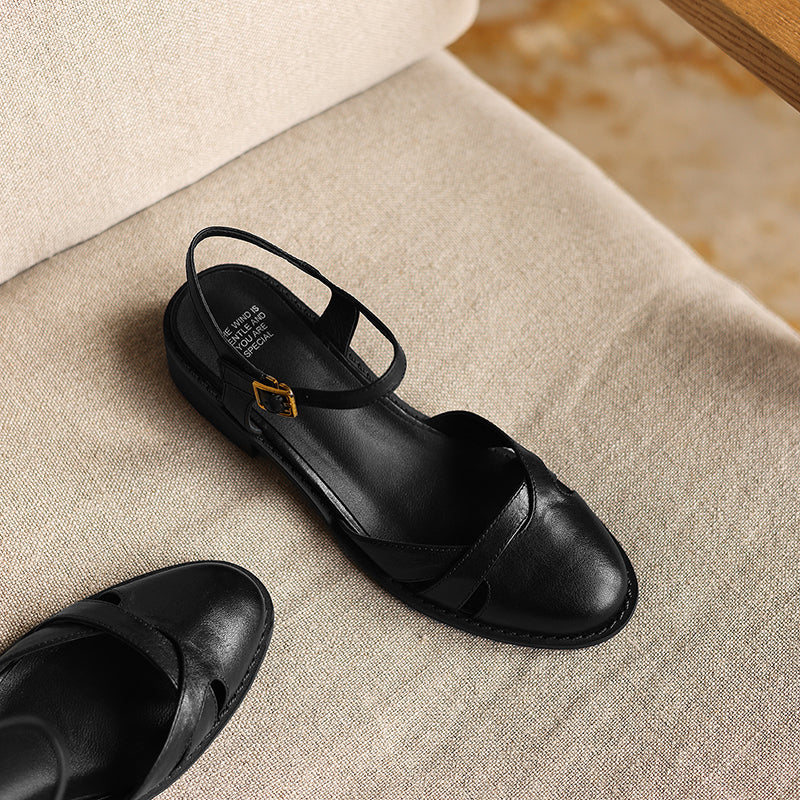 Women's Artisanal Round Toe Leather Sandals - Perforated Cowhide Summer Shoes