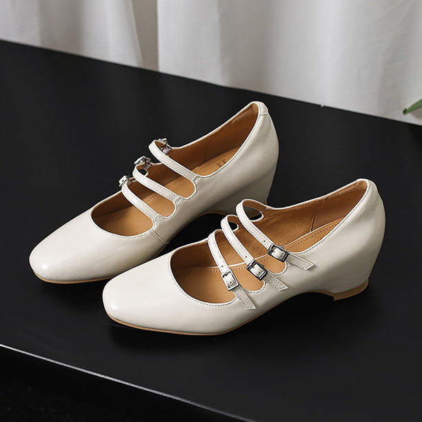 Women's Handmade French Vintage Triple-Strap Mary Janes - Elegant Wedge Heels Shoes