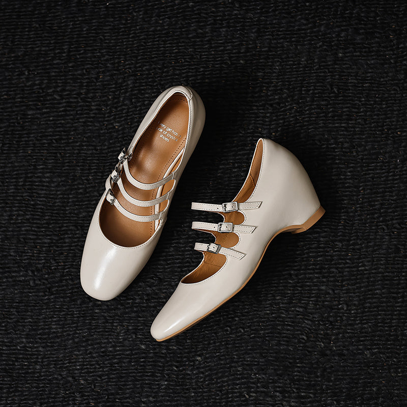 Women's Handmade French Vintage Triple-Strap Mary Janes - Elegant Wedge Heels Shoes