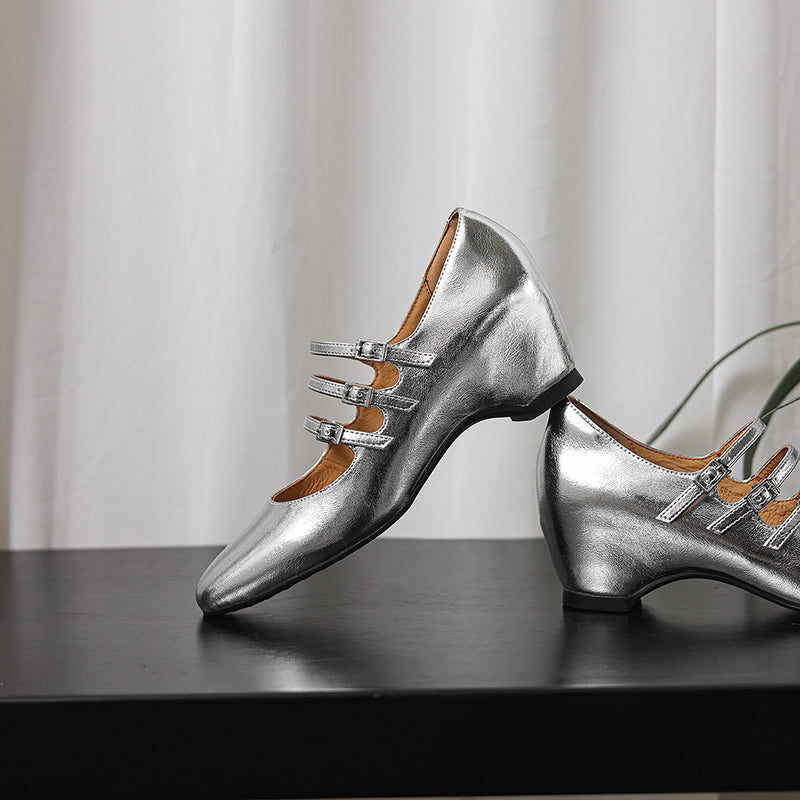 Women's Handmade French Vintage Triple-Strap Mary Janes - Elegant Wedge Heels Shoes