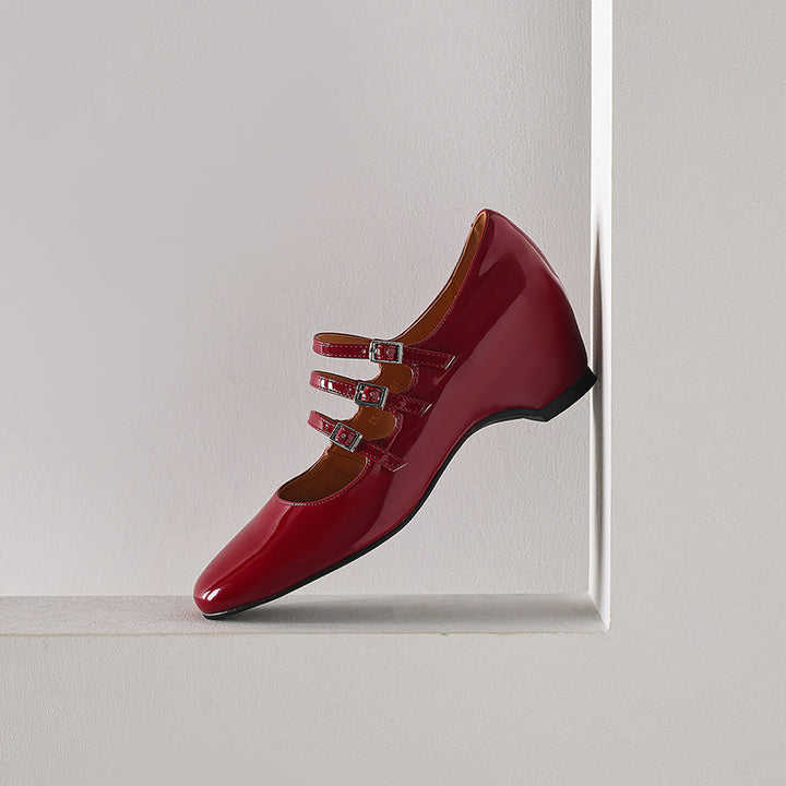Women's Handmade French Vintage Triple-Strap Mary Janes - Elegant Wedge Heels Shoes