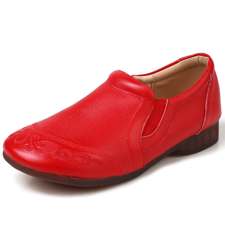 Women's Cowhide Vintage Embroidered Flat Loafers Slip On Walking Shoes
