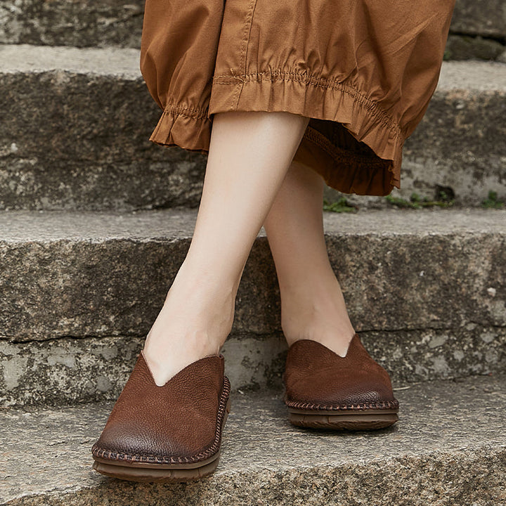Women's V-Cut Soft Leather Flat Mules – Retro Minimalist Style