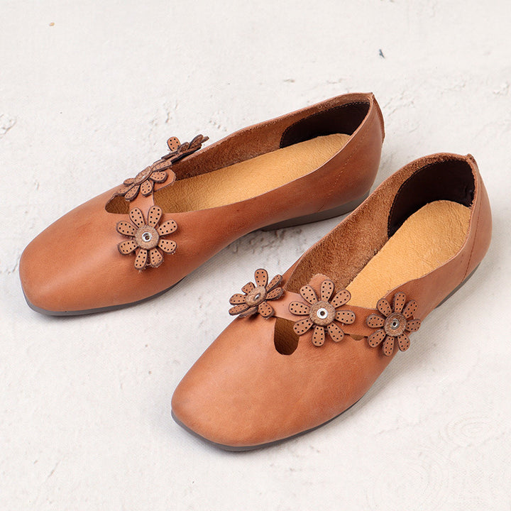 Chic Women's Soft Leather Flats – Artistic Floral Decorative Shoes