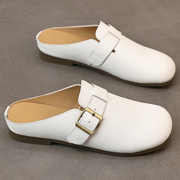 Women's Genuine Leather Buckle Mules Round Toe Backless Slip On Slides