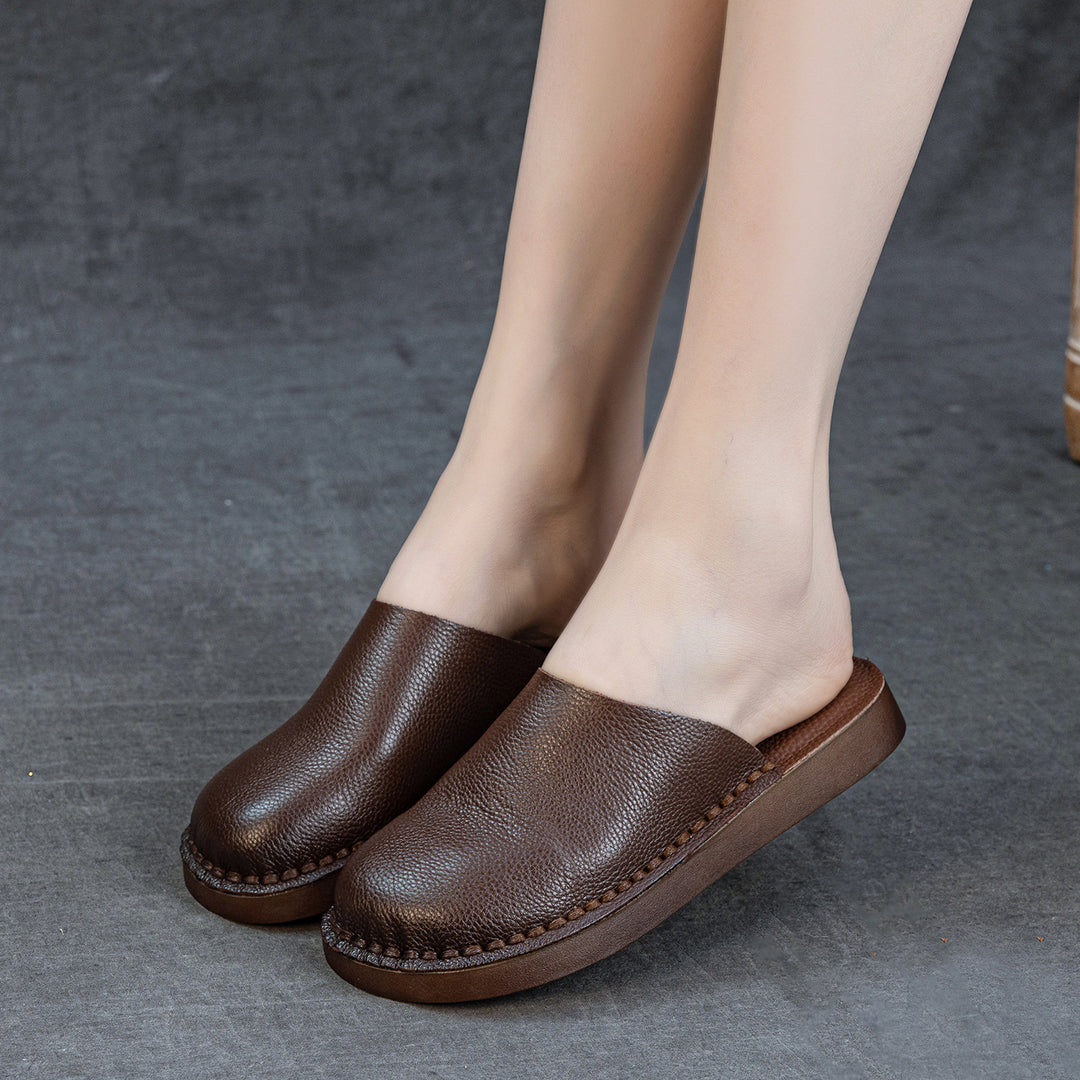 Women's Retro Leather Mule Slippers Vintage Closed Toe Slip-on Platform Slides