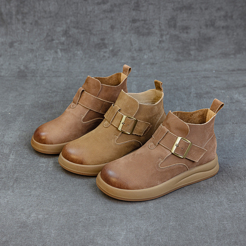 Women's Vintage Leather High-Top Ankle Boots – Buckle Strap Casual Style