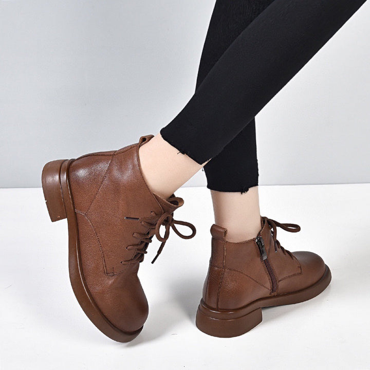 Women's Genuine Leather Ankle Boots - Lace-Up & Side Zipper with Block Heel