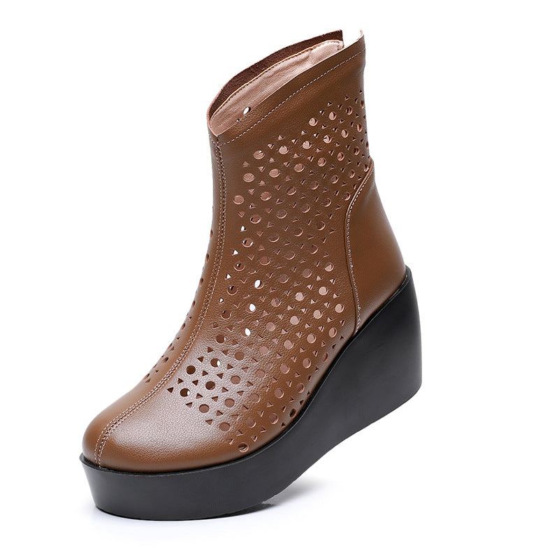 Women‘s Retro Cowhide Ankle Boots Vintage Round Toe Cutout Perforated Wedge Platform High Heels