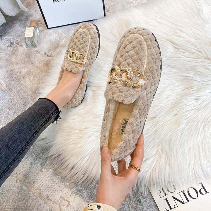 Women Metal Chain Winter Warm & Comfortable Plush Fur Loafers Shoes