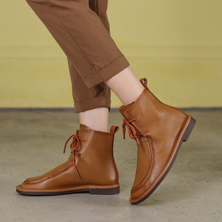 Women's Handmade Vintage Soft Leather Flat Lace-Up Ankle Boots Comfort Fit