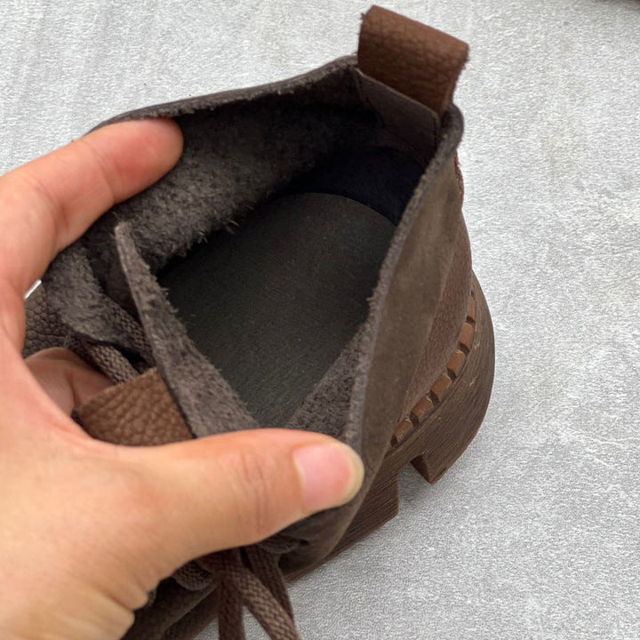 Women's Vintage Leather Patchwork Platform Ankle Boots – Lace-Up Non-Slip