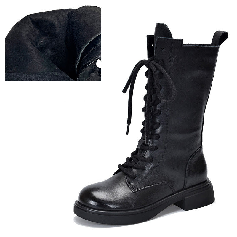 Women's Mid Calf Combat Boots Top-Grain Leather Lace Up Side Zipper Platform Booties