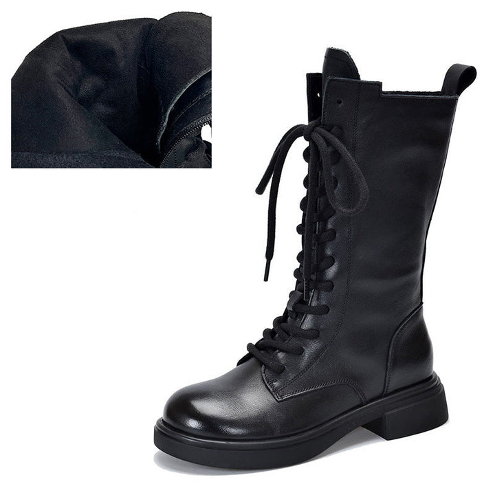 Women's Mid Calf Combat Boots Top-Grain Leather Lace Up Side Zipper Platform Booties